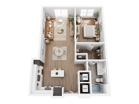 Floor plan for 1 bed, 1 bath, 855 sqft