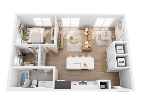 Floor plan for 1 bed, 1 bath, 735 sqft