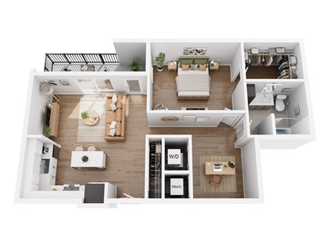 Floor plan for 1 bed, 1 bath, 900 sqft