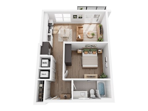 Floor plan for 1 bed, 1 bath, 889 sqft