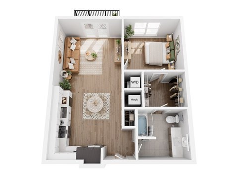 Floor plan for 1 bed, 1 bath, 1051 sqft