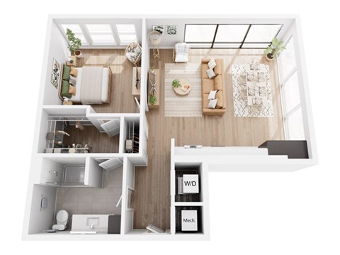 Floor plan for 1 bed, 1 bath, 876 sqft