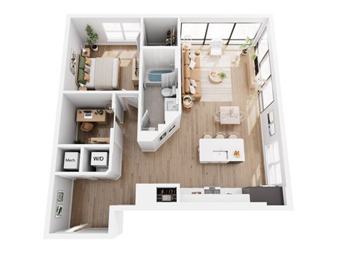 Floor plan for 1 bed, 1 bath, 993 sqft