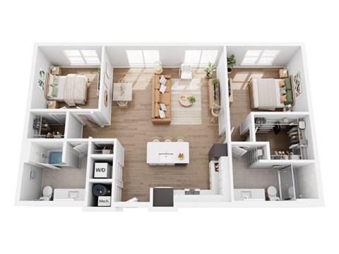 Floor plan for 2 beds, 2 baths, 1149 sqft