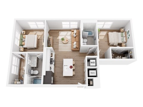 Floor plan for 2 beds, 2 baths, 988 sqft