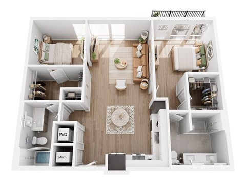 Floor plan for 2 beds, 2 baths, 1155 sqft