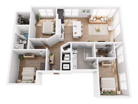 Floor plan for 3 beds, 2 baths, 1289 sqft