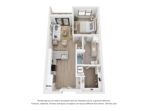 Floor plan for 1 bed, 1 bath, 657 sqft