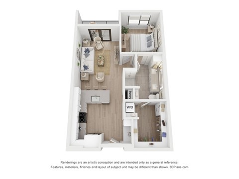 Floor plan for 1 bed, 1 bath, 747 sqft