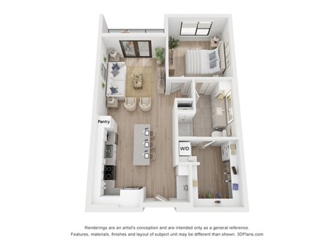 Floor plan for 1 bed, 1 bath, 767 sqft