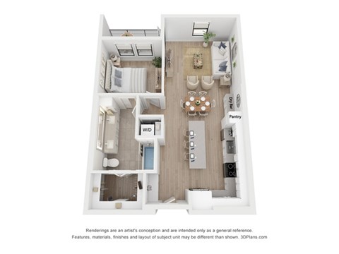 Floor plan for 1 bed, 1 bath, 799 sqft