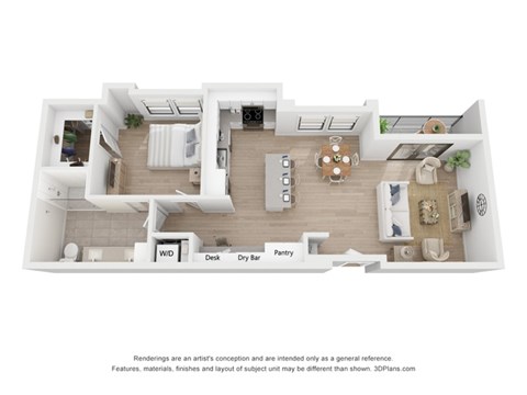 Floor plan for 1 bed, 1 bath, 854 sqft