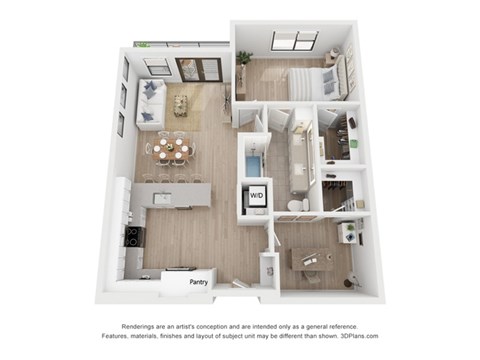 Floor plan for 1 bed, 1 bath, 954 sqft