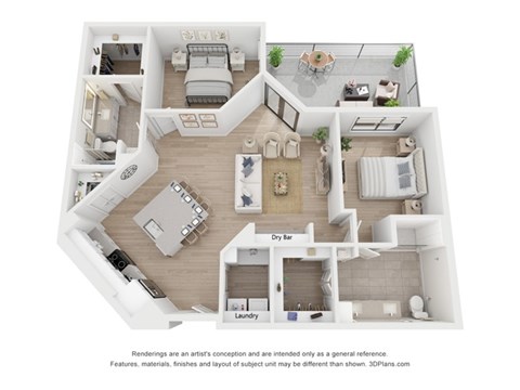 Floor plan for 2 beds, 2 baths, 1299 sqft