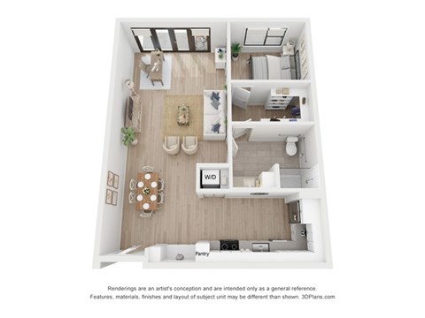 Floor plan for 1 bed, 1 bath, 891 sqft