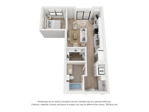 Floor plan for studio, 1 bath, 602 sqft