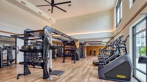 Richmond apartment for rent - A gym with a variety of equipment including treadmills, weights, and a bench press.