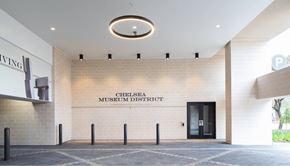 Houston apartment for rent - The Chelsea Museum District building has a modern design with a black door and a white wall.