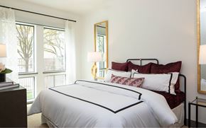 Houston apartment for rent - A bedroom with a large bed and a window with a view of trees.