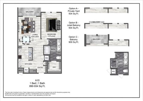 Floor plan for 1 bed, 1 bath, 907 sqft