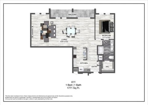 Floor plan for 1 bed, 1 bath, 1771 sqft