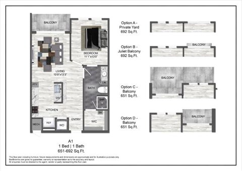 Floor plan for 1 bed, 1 bath, 652 sqft