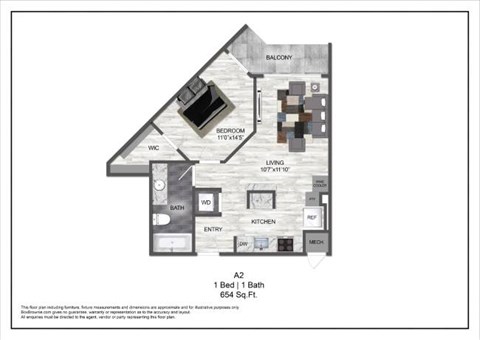 Floor plan for 1 bed, 1 bath, 654 sqft