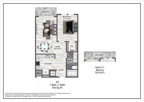 Floor plan for 1 bed, 1 bath, 705 sqft