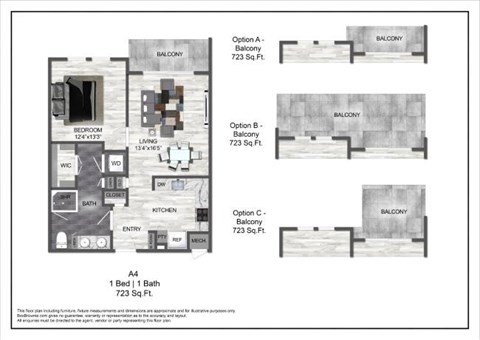 Floor plan for 1 bed, 1 bath, 723 sqft