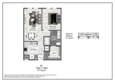 Floor plan for 1 bed, 1 bath, 771 sqft