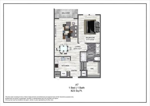 Floor plan for 1 bed, 1 bath, 823 sqft