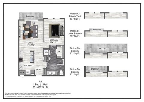 Floor plan for 1 bed, 1 bath, 832 sqft