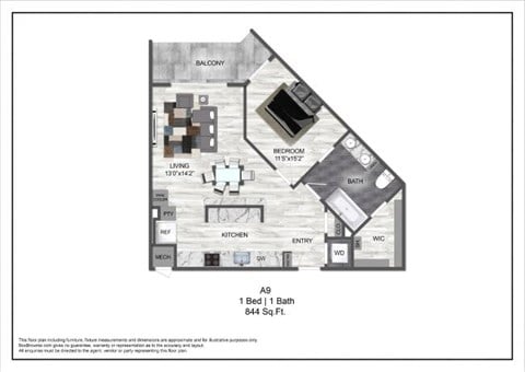 Floor plan for 1 bed, 1 bath, 844 sqft