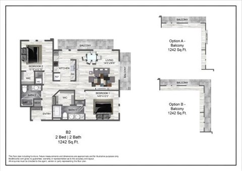 Floor plan for 2 beds, 2 baths, 1242 sqft