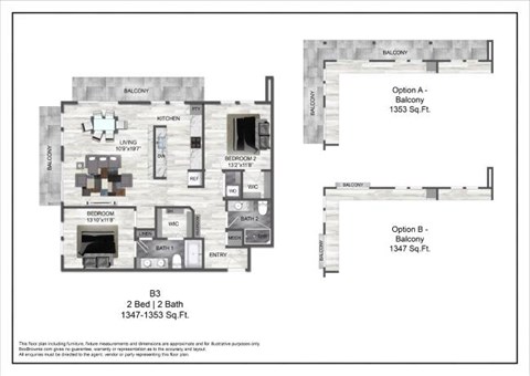 Floor plan for 2 beds, 2 baths, 1352 sqft
