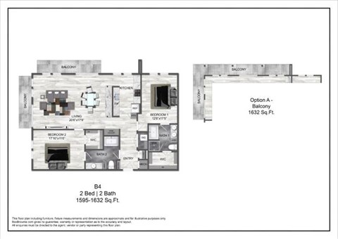 Floor plan for 2 beds, 2 baths, 1614 sqft