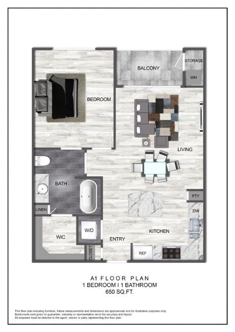 Floor plan for 1 bed, 1 bath, 650 sqft