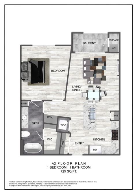 Floor plan for 1 bed, 1 bath, 725 sqft