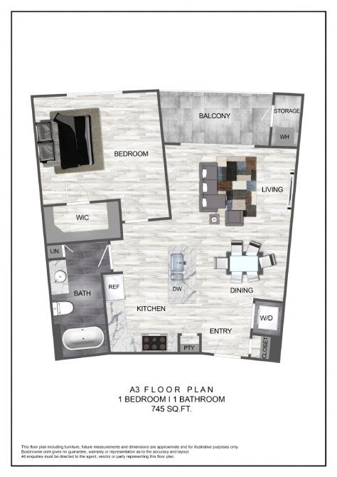 Floor plan for 1 bed, 1 bath, 745 sqft