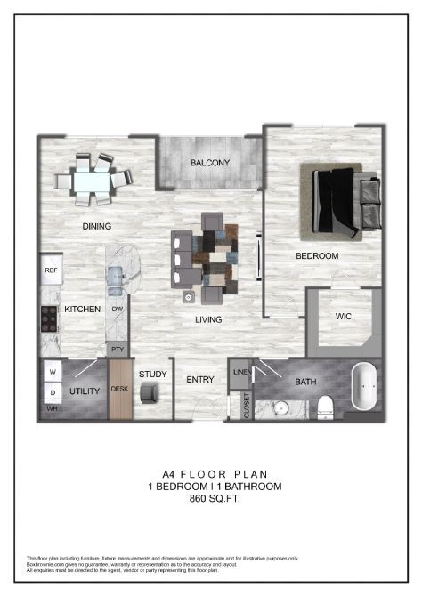 Floor plan for 1 bed, 1 bath, 860 sqft