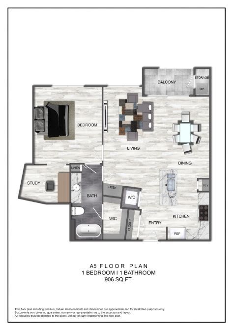 Floor plan for 1 bed, 1 bath, 906 sqft
