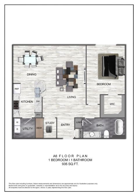 Floor plan for 1 bed, 1 bath, 935 sqft