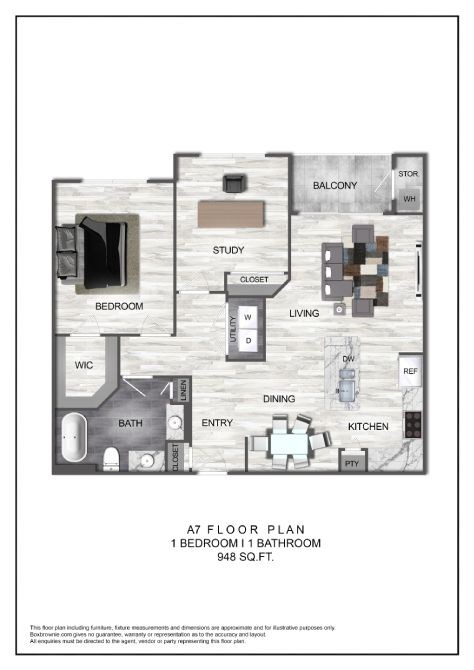 Floor plan for 1 bed, 1 bath, 948 sqft