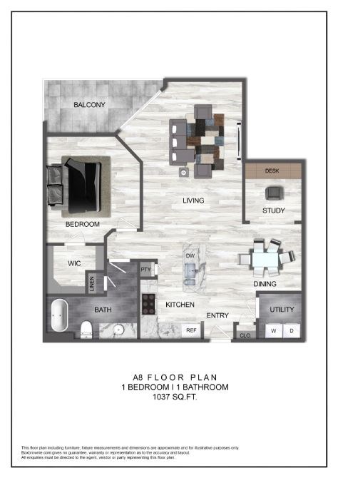 Floor plan for 1 bed, 1 bath, 1037 sqft