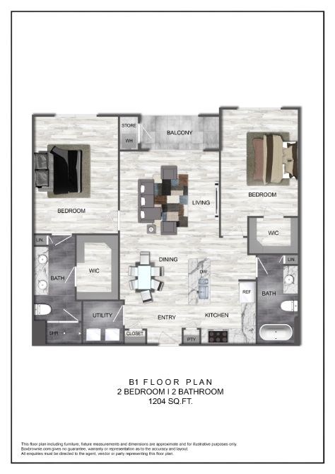 Floor plan for 2 beds, 2 baths, 1204 sqft