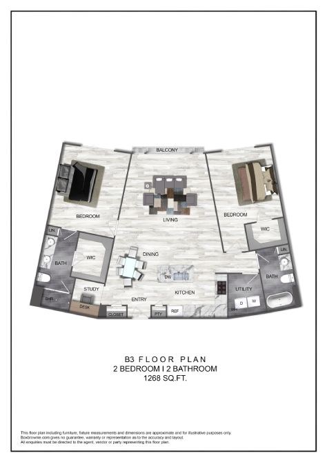 Floor plan for 2 beds, 2 baths, 1268 sqft