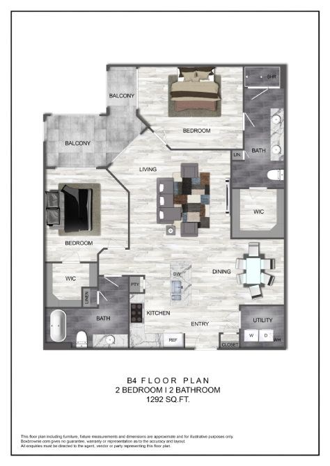 Floor plan for 2 beds, 2 baths, 1292 sqft