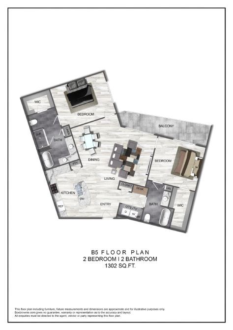 Floor plan for 2 beds, 2 baths, 1302 sqft