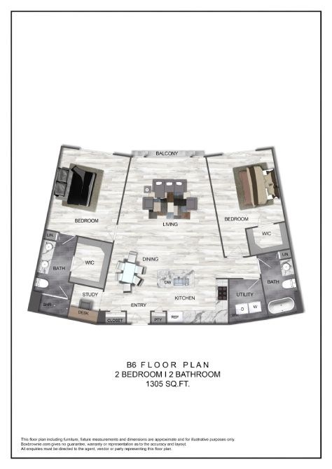 Floor plan for 2 beds, 2 baths, 1305 sqft