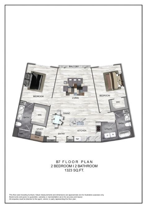 Floor plan for 2 beds, 2 baths, 1323 sqft